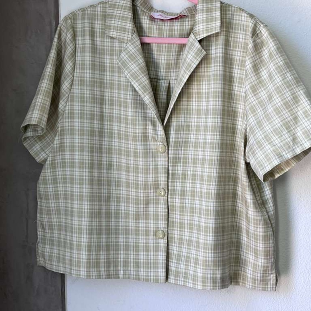 Lisa Says Gah Olive Green Plaid Short Sleeve Button Shirt
